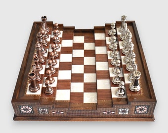 14'' Arena Chess Set with Classic Metal Chess Pieces, 3D Chess Set, Wooden Chess Board