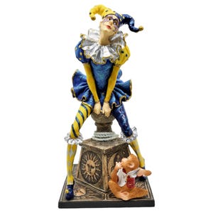 Jester with Monkey Figurine – Venetian Harlequin Decorative Statue
