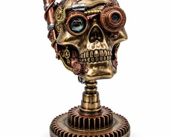 Può includere: Una scultura di teschio color bronzo metallizzato montata su una base circolare a forma di ingranaggio. Il teschio presenta intricati dettagli meccanici, tra cui ingranaggi color rame, tubi e occhiali con una lente sopra l'orbita sinistra.