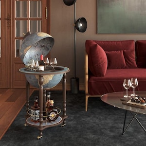 Zoffoli Da Vinci Blue Dust Globe Bar – Italiaanse handgemaakte drankenkast – Elegante drankstandaard – Barwagen in vintage stijl