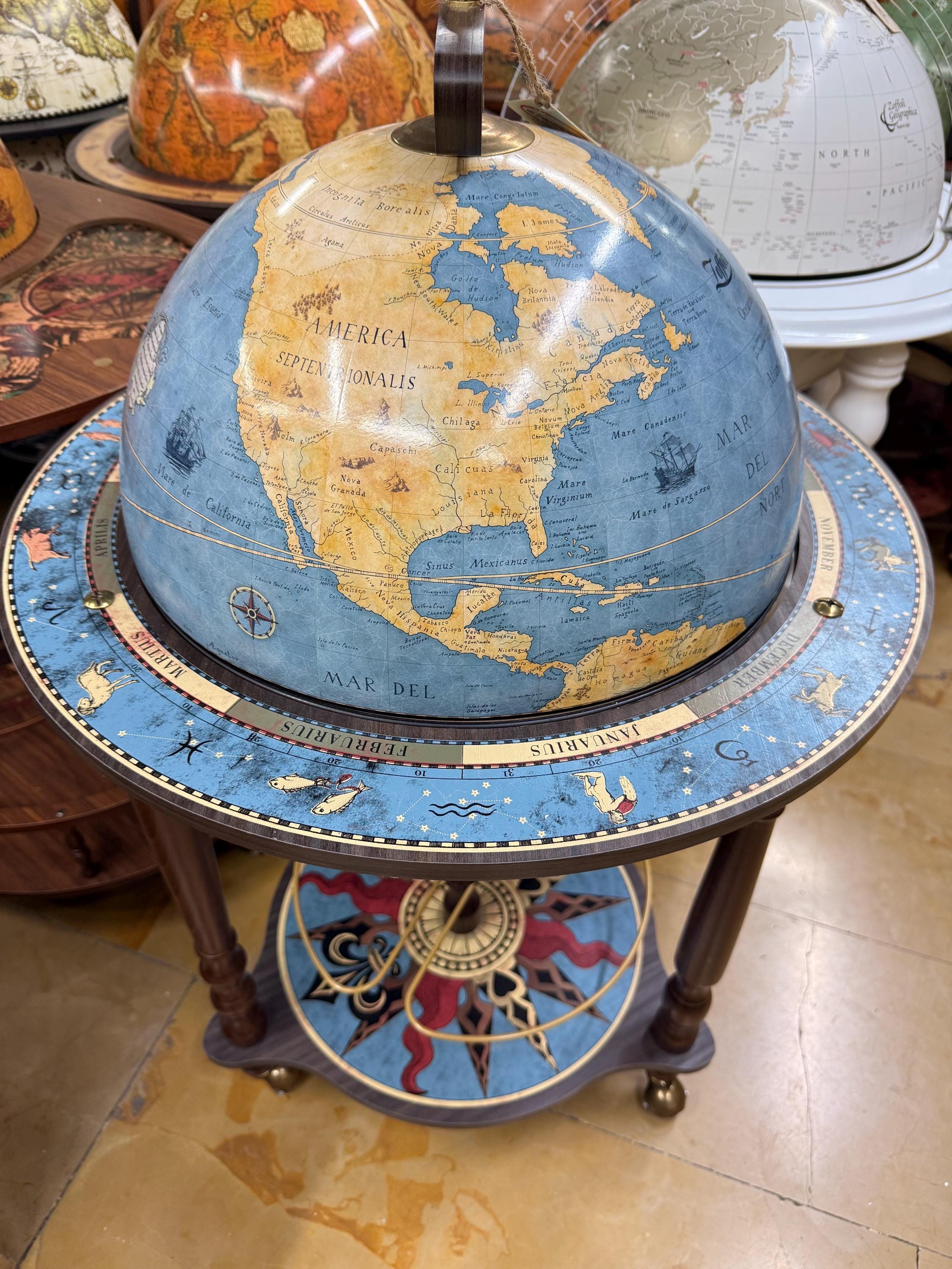 Zoffoli Da Vinci Blue Dust Globe Bar – Italian Handmade Drink Cabinet – Elegant Liquor Stand – Vintage Style Bar Cart