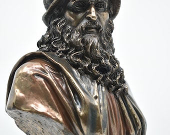 Busto de Leonardo da Vinci, escultura de artista genio renacentista, decoración artística de historia italiana