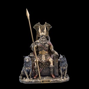 Odin Statue: Bronze Resin Viking God Sculpture with Wolves
