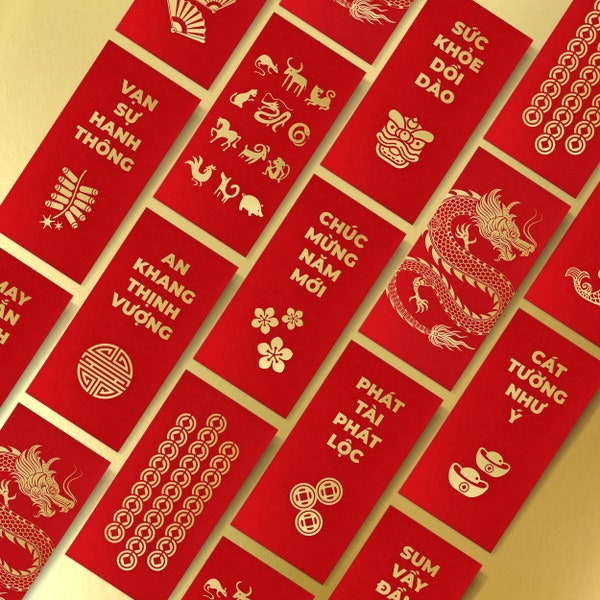 Bao Li Xi Tet 16pcs - Vietnamese Lunar New Year 2024 Red Lucky Money Envelopes