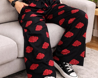 Anime Cloud Print Pajama Pants, Cozy Polyester Lounge Sleepwear