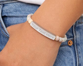 Engravable Natural Stone Bar Bracelet, Stretch Bead Bracelet | Custom Text Engraving