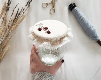 Hand Embroidered Jar Cover For Sourdough Starter & Kombucha Scoby / Berries / Cottage Style / Bonnet / Weck Jar / Wide Mouth Mason Jar Cover