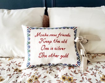 Vintage Needlepoint Throw Pillow Pillowcase, Vintage Upcycled Embroidery, Pillowcase, Cottage Style