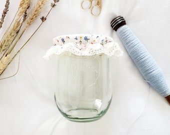Jar Cover For Sourdough Starter & Kombucha Scoby / Floral Fabric / Lace / Jar Bonnet / Weck Jar Cover / Wide Mouth Mason Jar Cover