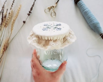 Hand Embroidered Jar Cover For Sourdough Starter & Kombucha Scoby / Cottage Style / Lace / Bonnet / Weck Jar / Wide Mouth Mason Jar Cover