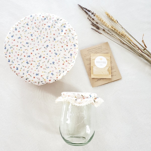 Sourdough Gift Set / Sourdough Proofing Basket Bonnet and Jar Bonnet With Organic Sourdough Starter / Mothers Day Gift / Sourdough Making