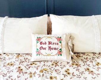 Vintage Needlepoint Throw Pillow Pillowcase / Vintage Upcycled Embroidery / Pillowcase / Cottage Style / God Bless Our Home