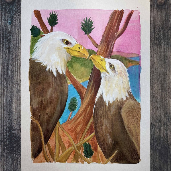 Original Jackie & Shadow Bald Eagle Couple, Big Bear Lake, California - Watercolor Painting