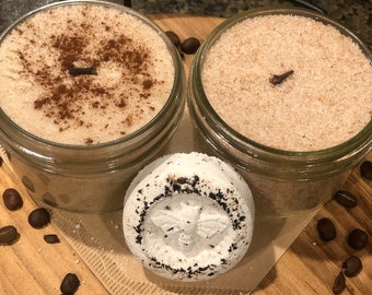 Spiced Vanilla Epsom Salt Bath Soak and Sugar Scrub with Coffee Shop Bath Bomb, Handmade Deluxe Spa Day Gift Box, Self Care, Thank You