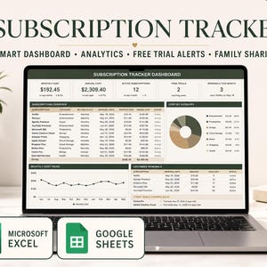 Pode incluir: Um portátil exibindo um painel de controle de rastreamento de assinaturas com tabelas, um gráfico de pizza e um gráfico de linhas. A tela mostra o texto SUBSCRIPTION TRACKER, SMART DASHBOARD, ANALYTICS, FREE TRIAL ALERTS, FAMILY SHARING, MICROSOFT EXCEL e GOOGLE SHEETS.