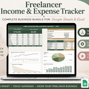 Puede incluir: Un ordenador portátil que muestra una hoja de cálculo financiera titulada "Freelancer Income & Expense Tracker". La pantalla muestra gráficos y tablas de datos para el seguimiento de ingresos y gastos. Incluye el texto "Complete Business Bundle for Google Sheets & Excel".