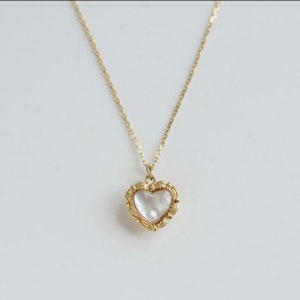 18k Gold filled Vintage Heart Necklace, Mother of pearl heart pendant.Non tarnish.