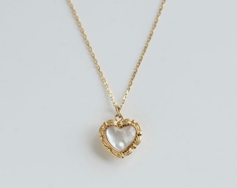 18k Gold filled Vintage Heart Necklace, Mother of pearl heart pendant.Non tarnish.