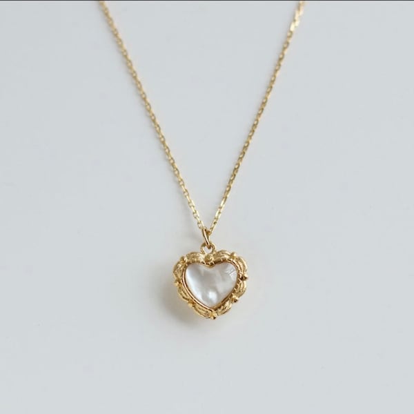 18k Gold filled Vintage Heart Necklace, Mother of pearl heart pendant.Non tarnish.
