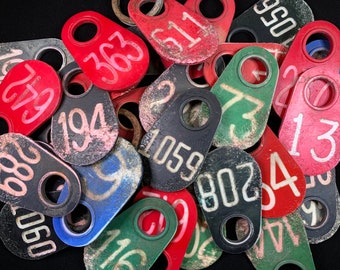 Vintage Cattle Livestock Tags, Mixed Media, Home Décor, Farm House Décor, Rustic, Red, Blue, Black, Green