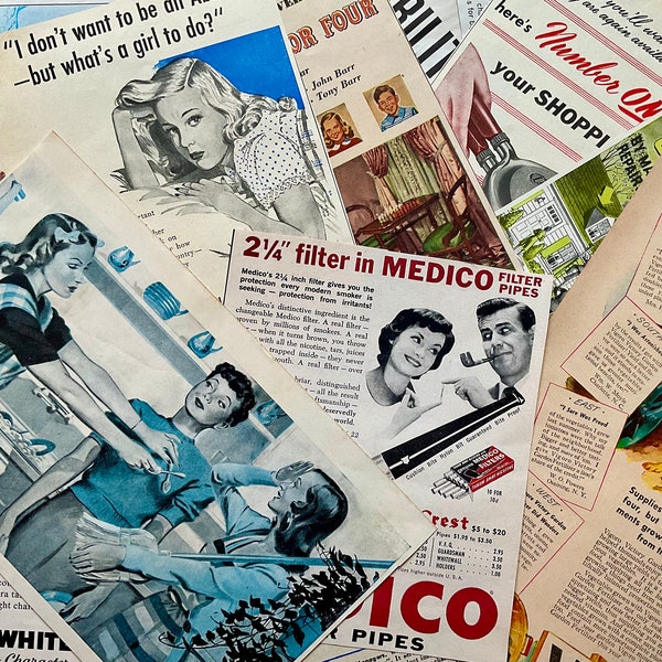 Vintage color magazine advertisements and clipping, original, ten ads per pack, random