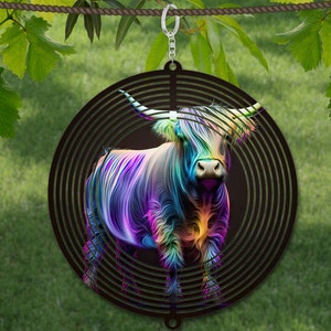 Girador de vento preto Neon Highland Cow