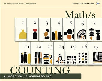 Cijferkaarten 1-20 - Woordmuur- en klasdecoratie - Scandinavische abstracte kunst | Tellen | Montessori-wiskundelessen voor peuters Leren tellen
