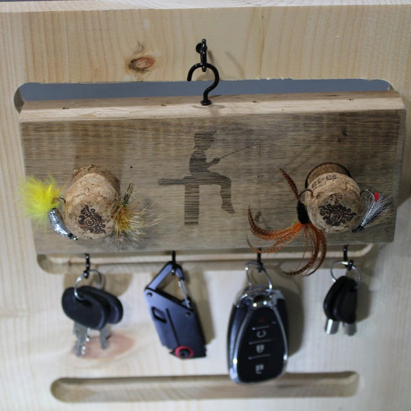 Barnwood Fishing Lure Holder - Comes with 4 Hand Tied Fishing Flies and Key Hook Holder - with engraving.