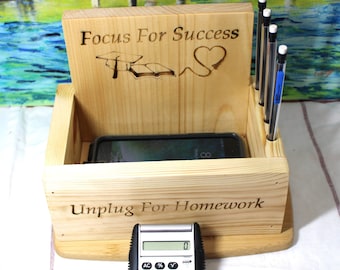NEW - Unplug Cell Phone Drop Box - Personalized - Unplug for Homework Edition - Holds 4 Pens or Pencils, cell phone and more.