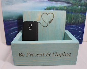 Unplug - Cell Phone Drop Box - Compact Addition from Hidden Pond Gardens!  Reclaimed pine stained in teal blue. Handcrafted on our farm-USA.
