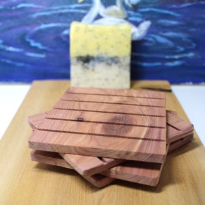 Soap Trays (4) Pack-Aromatic Cedar.  These beautiful, handcrafted soap trays from aromatic red cedar are a perfect addition to any bathroom.