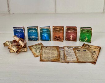 May include: Miniature fantasy books with titles like "Black Magic," "Spell Book," and "Potions." Also, rolled scrolls and aged paper sheets with handwritten text. The books are in various colors, including blue, brown, and green.
