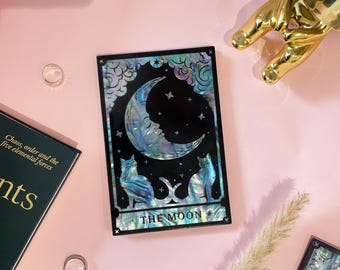 Arte de la carta del Tarot de la Luna, incrustaciones de nácar, adorno de pared con diseño celestial.