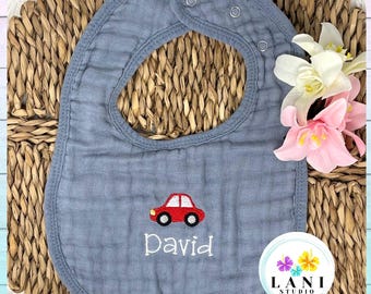 Personalized Muslin Baby Bib: Embroidered Car Design, Bamboo Rayon