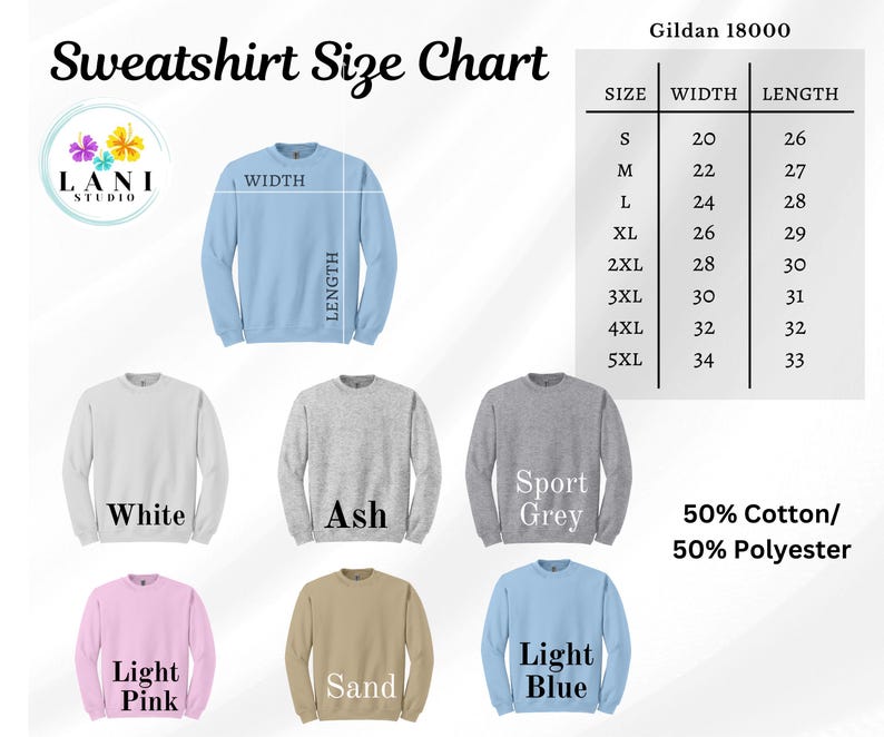 Op de afbeelding: Sweatshirt maattabel voor Gildan 18000, met afmetingen in inches voor breedte en lengte. De tabel bevat maten S tot en met 5XL. De tabel wordt vergezeld van afbeeldingen van sweatshirts in verschillende kleuren, waaronder wit, as, sportgrijs, lichtroze, zand en lichtblauw.