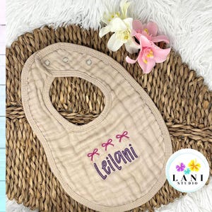 Custom Embroidered Muslin Baby Bib with Bows: Soft Bamboo Rayon
