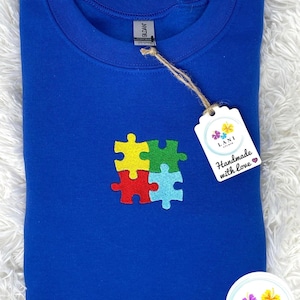 Autism Awareness Puzzle Embroidered Sweatshirt or Hoodie. Unisex Crewneck