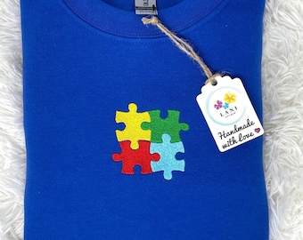 Autism Awareness Puzzle Embroidered Sweatshirt or Hoodie. Unisex Crewneck