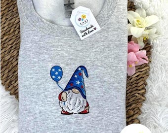 Embroidered Patriotic Gnome Sweatshirt: USA Crewneck Pullover