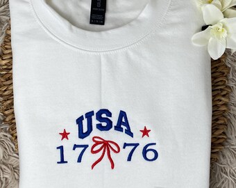 USA 1776 with Coquette Bow. Embroidered Sweatshirt or Hoodie.