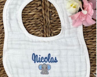 Personalized Muslin Baby Bib: Embroidered Elephant, Custom Name