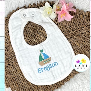 Embroidered Muslin Baby Bib: Personalized Sailboat Design