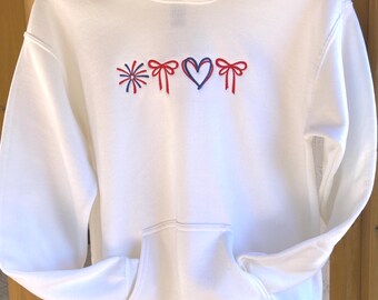 Youth Patriotic Fireworks, Bows and Hearts Sweatshirt or Hoodie.