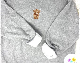 Highland Cow Embroidered Sweatshirt or Hoodie.  Farm Animal Cozy Gift.
