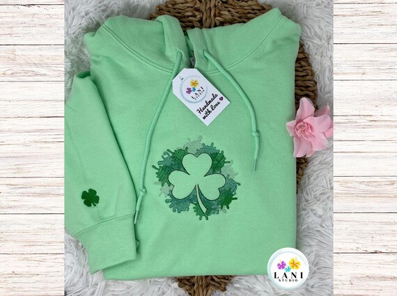 St. Patrick Day Shamrock Hoodie.  Embroidered with 4 Leaf Clover Sleeve Detail.