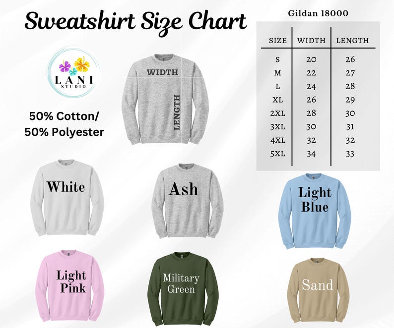 K&ouml;nnte beinhalten: Eine Sweatshirt-Gr&ouml;&szlig;entabelle mit Ma&szlig;en in Zoll. Die Tabelle umfasst die Gr&ouml;&szlig;en S bis 5XL mit den entsprechenden Breiten- und L&auml;ngenma&szlig;en. Das Bild zeigt auch verschiedene Sweatshirt-Farben, darunter Wei&szlig;, Aschgrau, Hellblau, Hellrosa, Milit&auml;rgr&uuml;n und Sand.