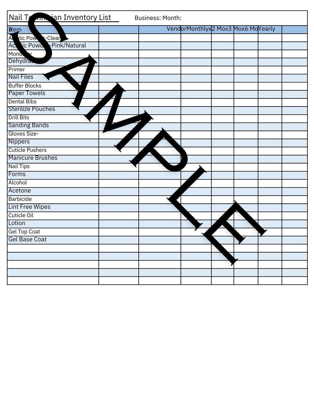 Editable, Inventory, Nail, Nail Technician, Salon, Salon Inventory