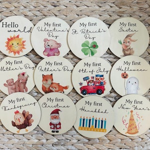 Cartes d'étapes marquantes pour les premières vacances de bébé - Panneaux d'étapes clés en bois pour bébé - Accessoires photo marqueurs d'étapes clés bébé - Ensemble de disques d'étapes clés pour bébé
