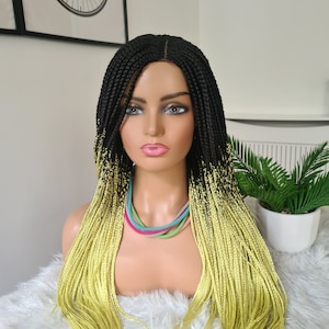 Handmade Twist Braid Wig: Black & Lemon Green Braided Wig
