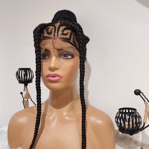 美しいハンドメイドのナチュラルブラックのコンロウ編みウィッグをすぐに発送できます。女性へのギフト。